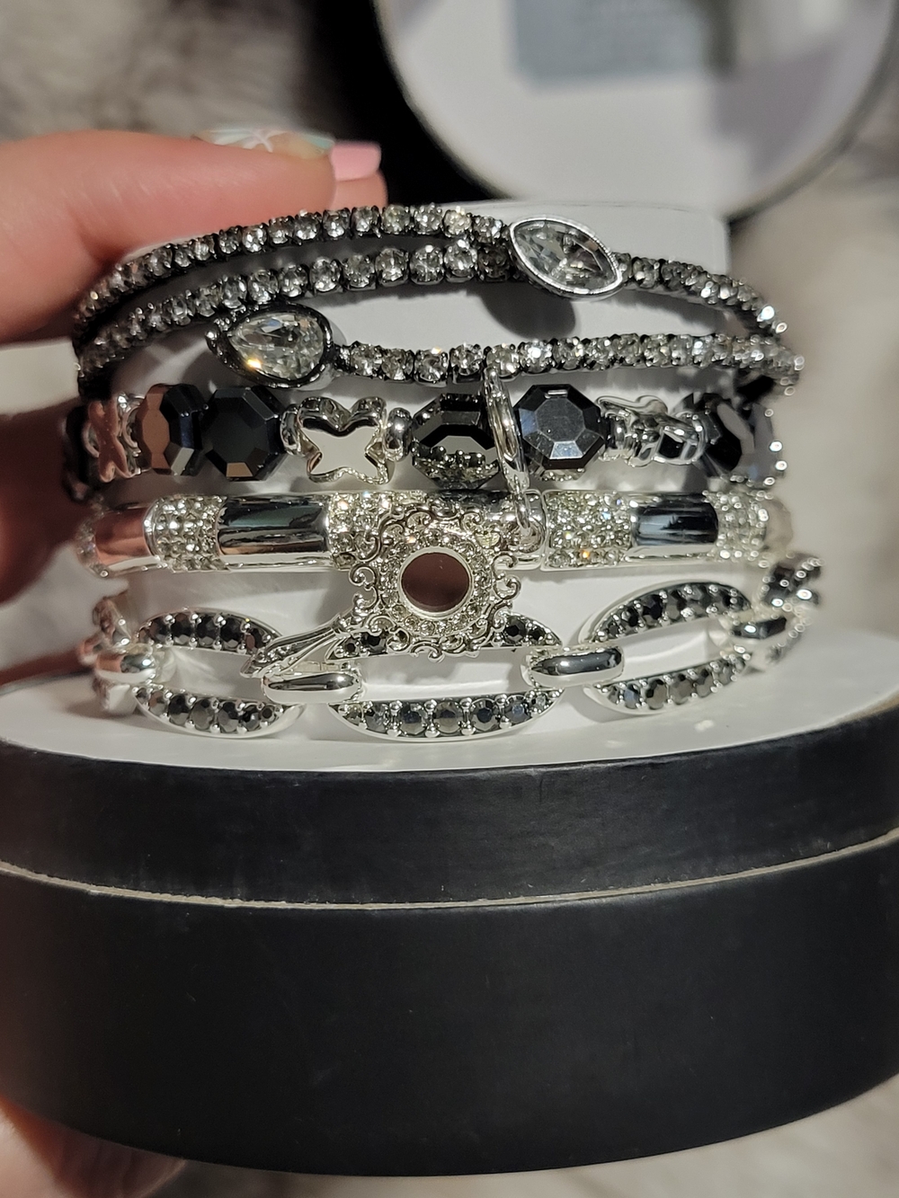 Rare Unicorn Silver-Tone Black Crystal Multi-Strand Bracelet Set - Women Jewelry